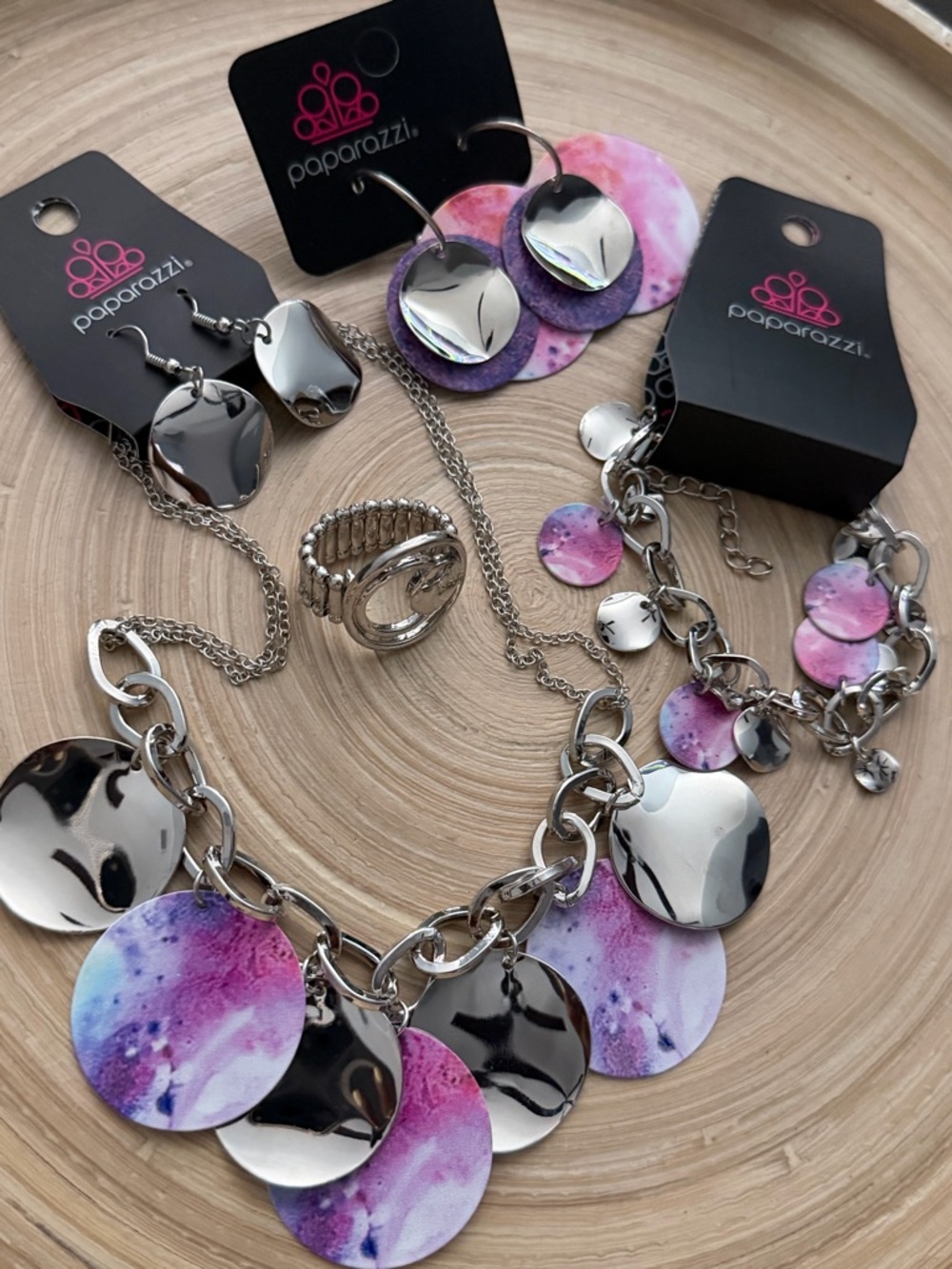 Vintage SS-1020 Paparazzi Purple Pink Disc Charm Necklace & Bracelet Set